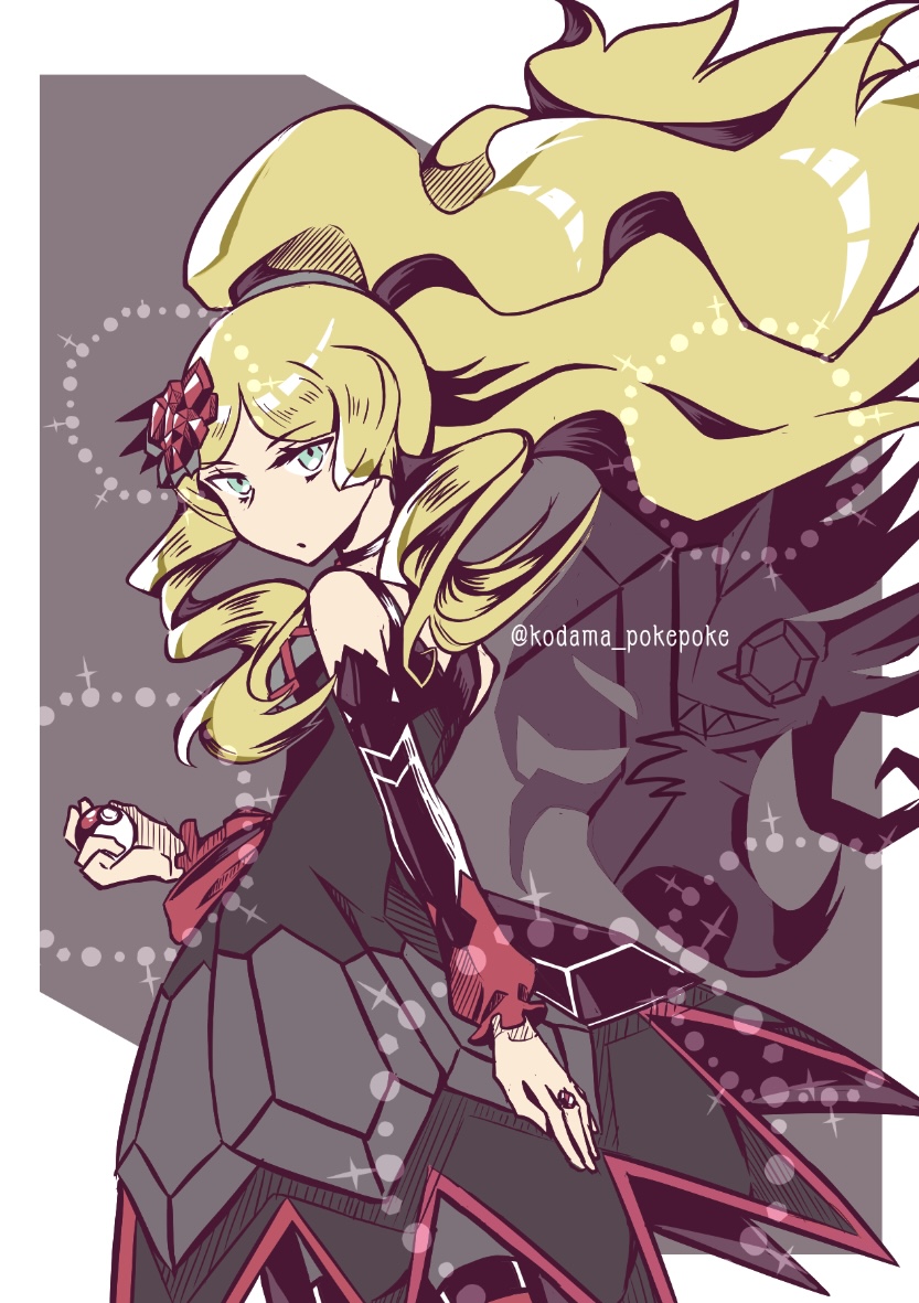 1girl, black_dress, blonde_hair, caitlin_(fall_2021)_(pokemon), caitlin_(pokemon), closed_mouth, detached_sleeves, dress
