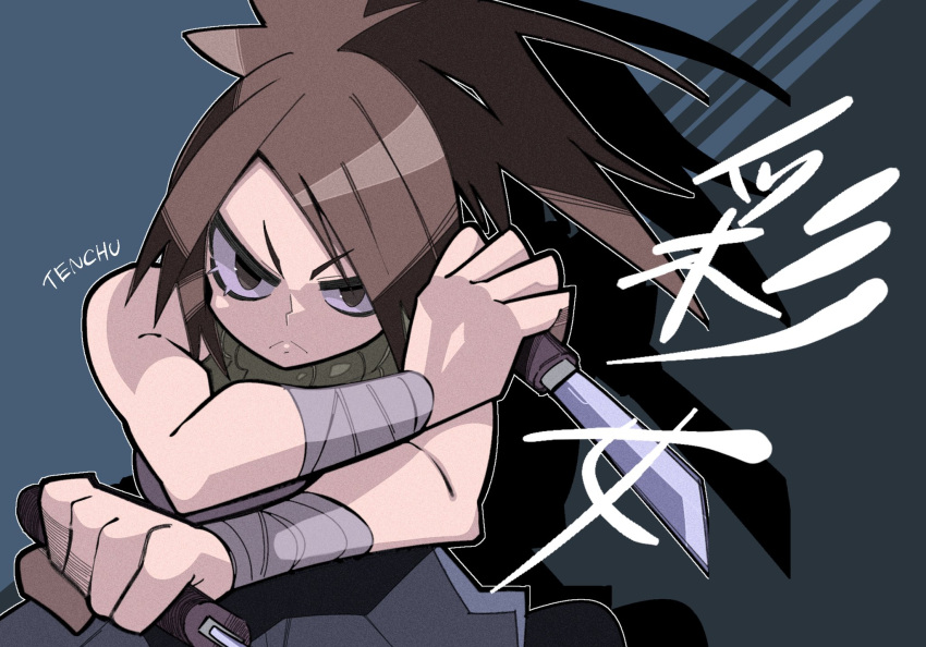 1girl, ayame_(tenchuu), bare_shoulders, black_hair, breasts, closed_mouth, copyright_name, dual_wielding