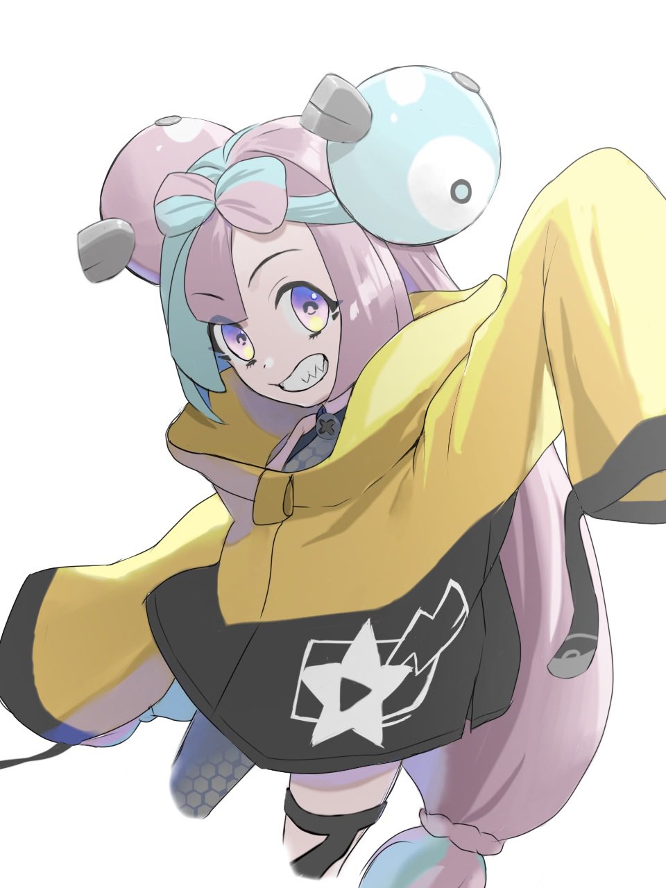 1girl, blue_hair, bow-shaped_hair, character_hair_ornament, grey_pantyhose, hair_ornament, highres, iono_(pokemon), jacket, long_hair, long_sleeves, looking_at_viewer, multicolored_hair, pantyhose, pink_eyes, pink_hair, pokemon, pokemon_sv, sharekousan2246, sharp_teeth, single_leg_pantyhose, sleeves_past_fingers, sleeves_past_wrists, smile, solo, teeth, thigh_strap, twintails, two-tone_hair, very_long_hair, white_background, yellow_jacket