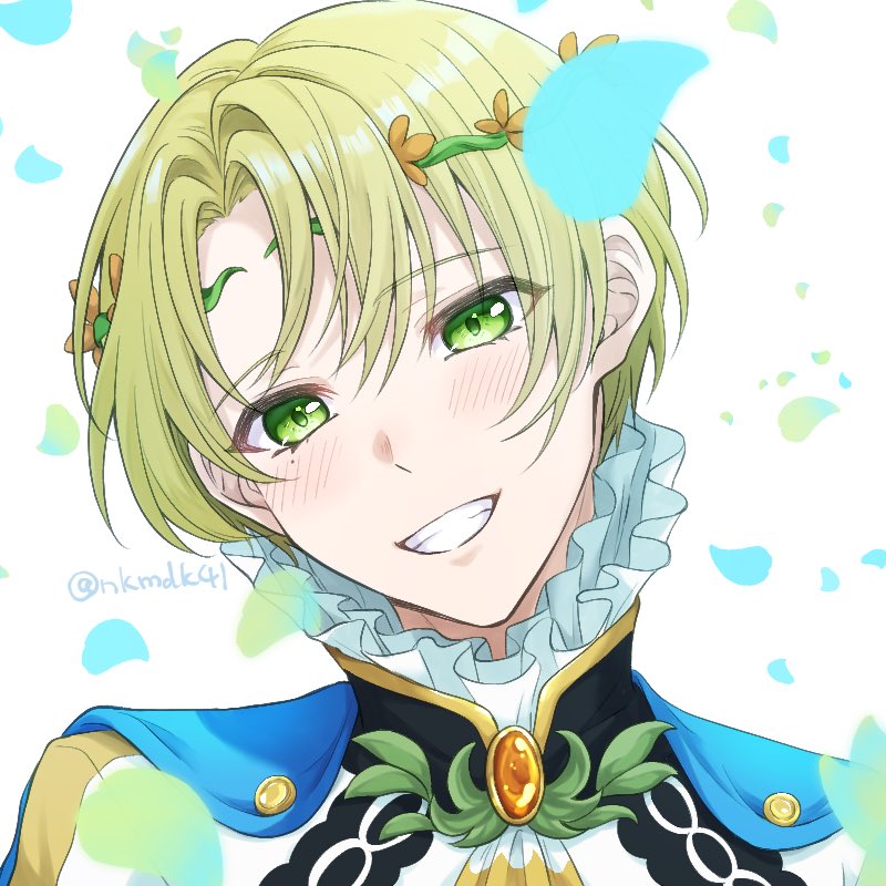 1boy, alfred_(fire_emblem), ascot, blonde_hair, blue_cape, cape, falling_petals, fire_emblem