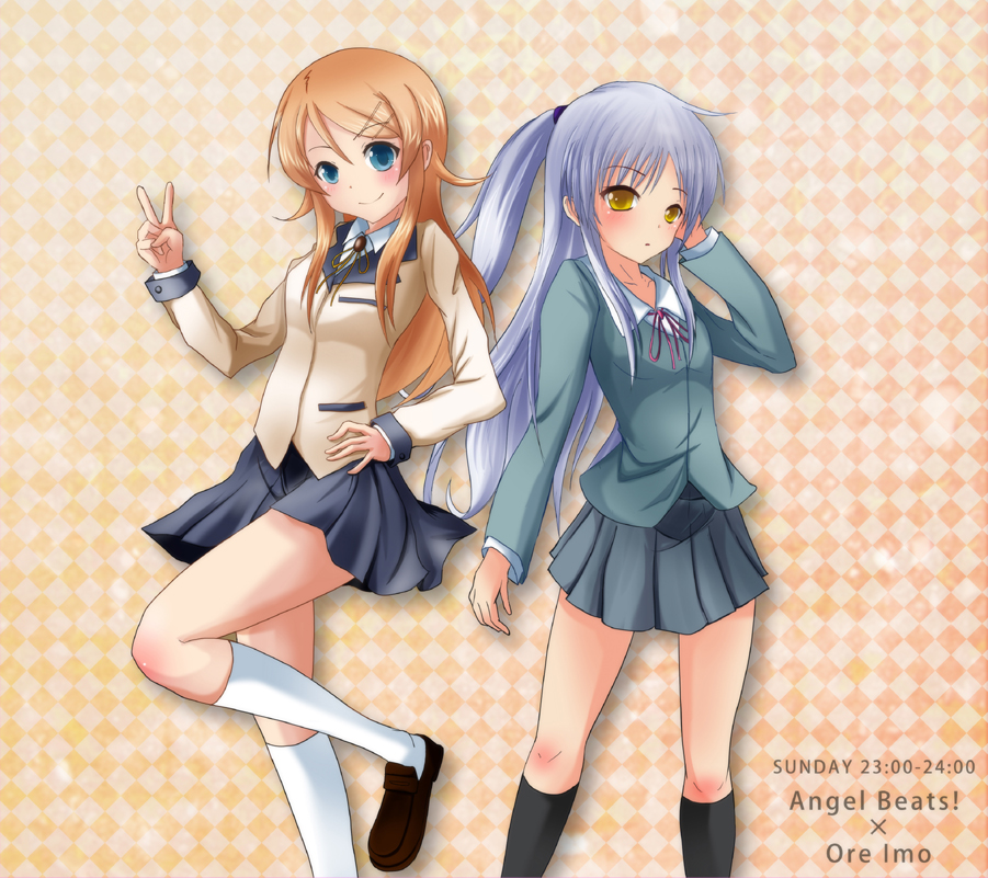 angel_beats!, black_legwear, blazer, blue_eyes, brown_eyes, cosplay, costume_switch, crossover