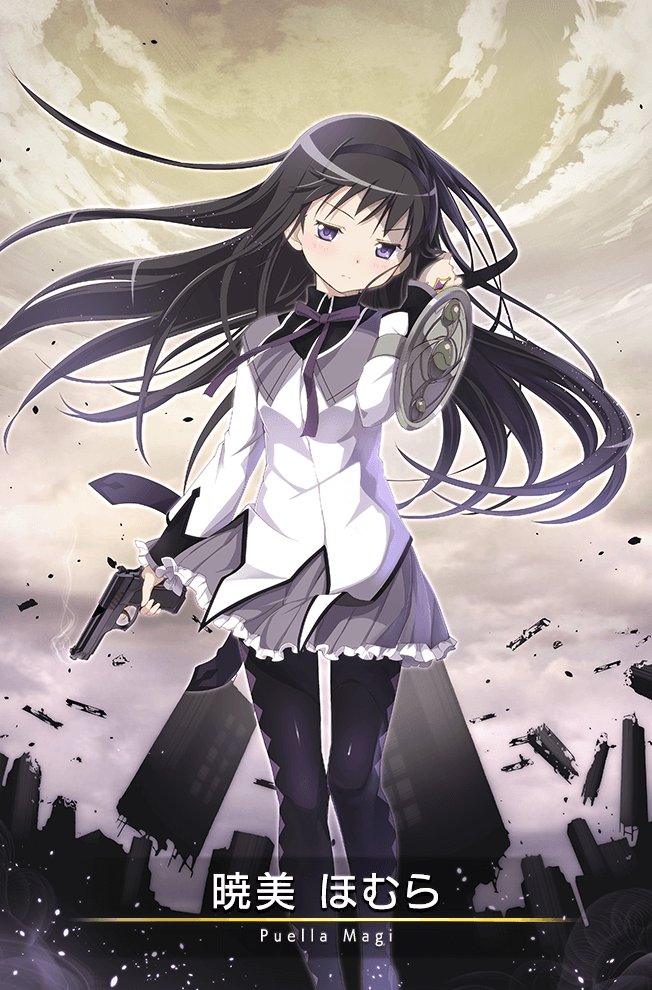 1girl, akemi_homura, argyle_clothes, argyle_footwear, black_capelet, black_footwear, black_hair, black_hairband