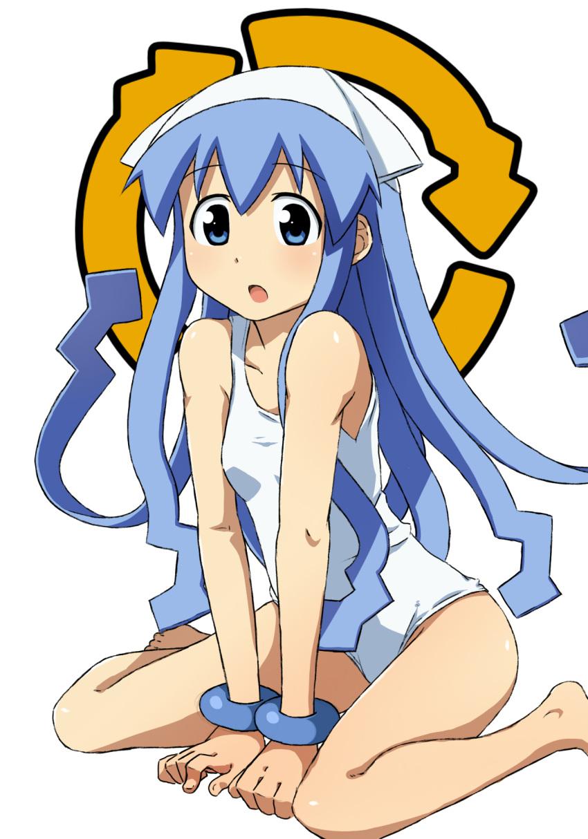 :o, arm_support, blue_eyes, blue_hair, flat_chest, hat, highres, ikamusume