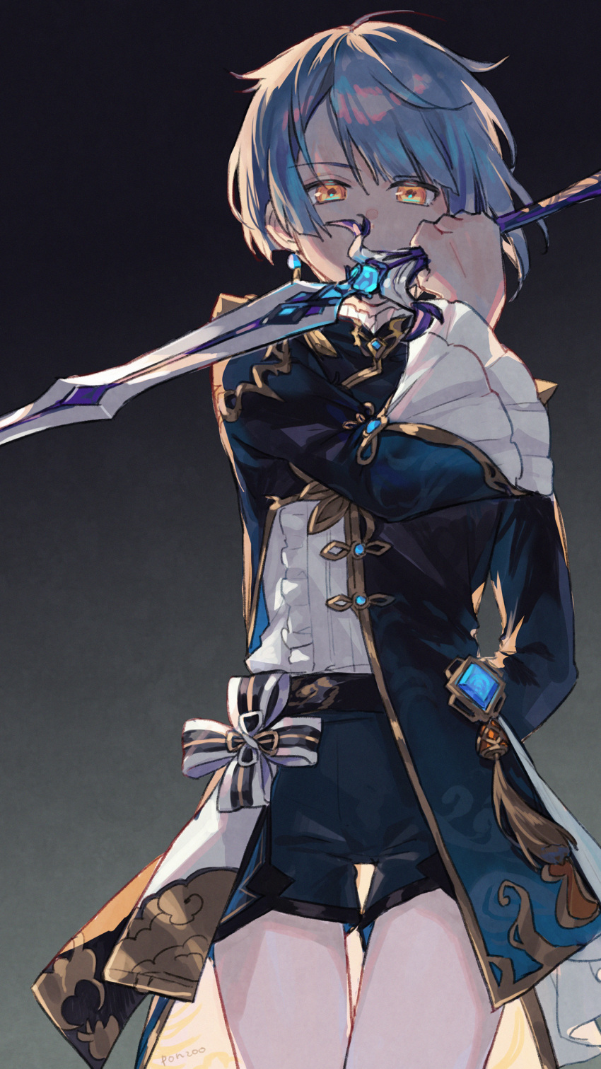 1boy, absurdres, arm_behind_back, artist_name, black_background, blue_coat, blue_hair, blue_shorts