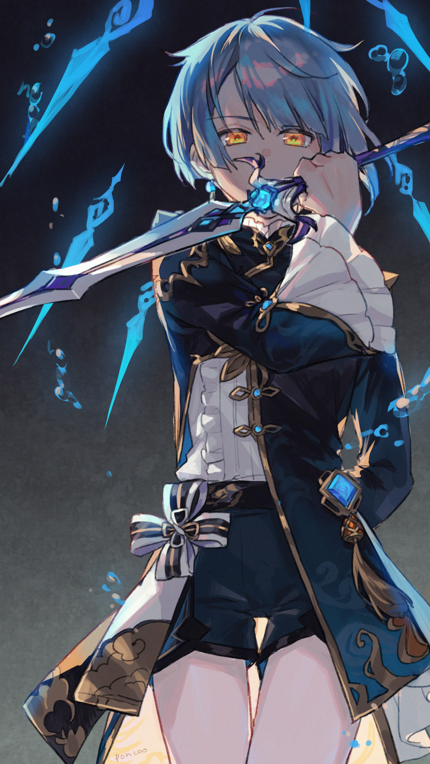 1boy, absurdres, arm_behind_back, artist_name, black_background, blue_coat, blue_hair, blue_shorts