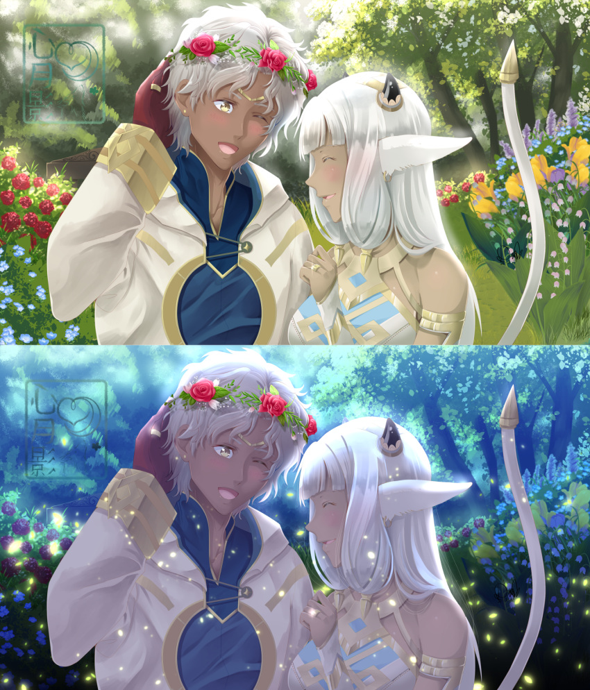 1boy, 1girl, animal_ears, ash_(fire_emblem), commission, couple, cow_ears, cow_horns, dark-skinned_female, dark-skinned_male, dark_skin, english_commentary, fire_emblem, fire_emblem_heroes, fireflies, flower, hair_flower, hair_ornament, heart-tsukikage, hetero, highres, horns, husband_and_wife, jewelry, kiran_(fire_emblem), kiran_(male)_(fire_emblem), laughing, one_eye_closed, original, ring, signature, smile, spanish_commentary, tail, wedding_ring, yellow_eyes