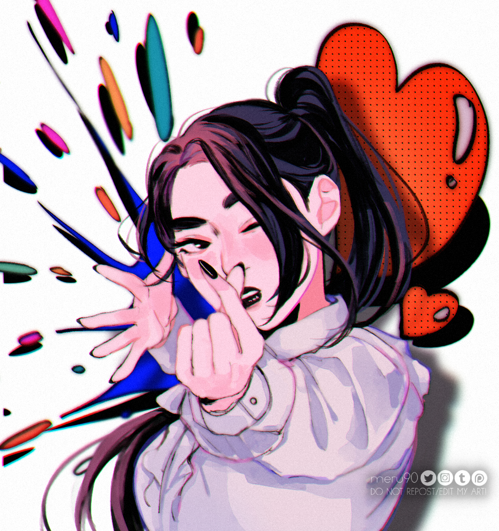 1girl, alternate_costume, archery, artist_name, asymmetrical_bangs, black_hair, black_lips, black_nails