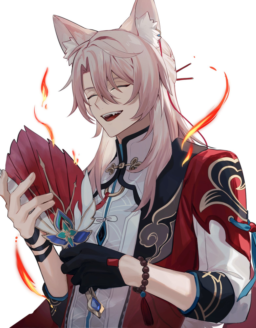 1boy, :d, ^_^, animal_ear_fluff, animal_ears, bandaged_hand, bandages, bead_bracelet, beads, black_gloves, blue_ribbon, bracelet, cape, chinese_clothes, closed_eyes, commentary, curtained_hair, fangs, feather_fan, fire, fox_ears, gloves, hair_between_eyes, hair_ornament, hair_over_shoulder, hair_stick, hand_fan, highres, holding, holding_fan, honkai:_star_rail, honkai_(series), iyo_(iyoo), jewelry, jiaoqiu_(honkai:_star_rail), laughing, long_hair, long_sleeves, male_focus, mandarin_collar, open_mouth, parted_bangs, pink_hair, red_cape, ribbon, shirt, sidelocks, simple_background, single_glove, sleeves_rolled_up, smile, solo, symbol-only_commentary, tassel, teeth, tongue, upper_body, white_background, white_shirt