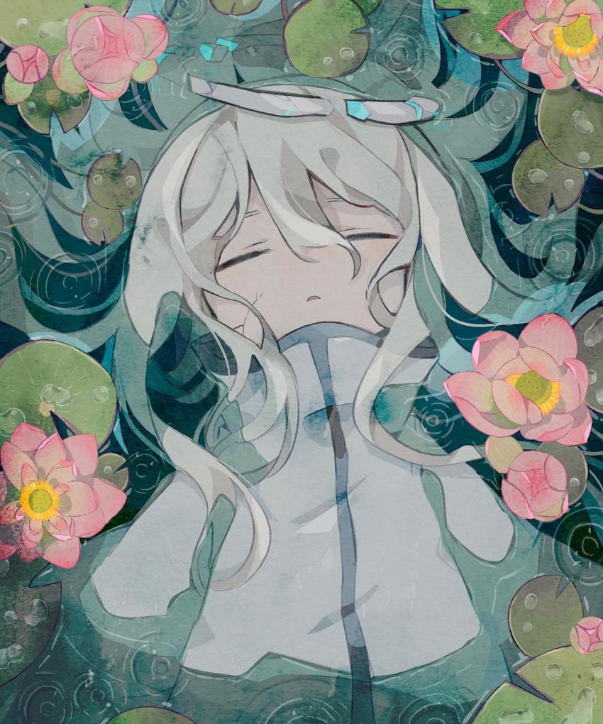 1girl, broken_halo, closed_eyes, floating_on_back, flower, hair_between_eyes, halo, highres