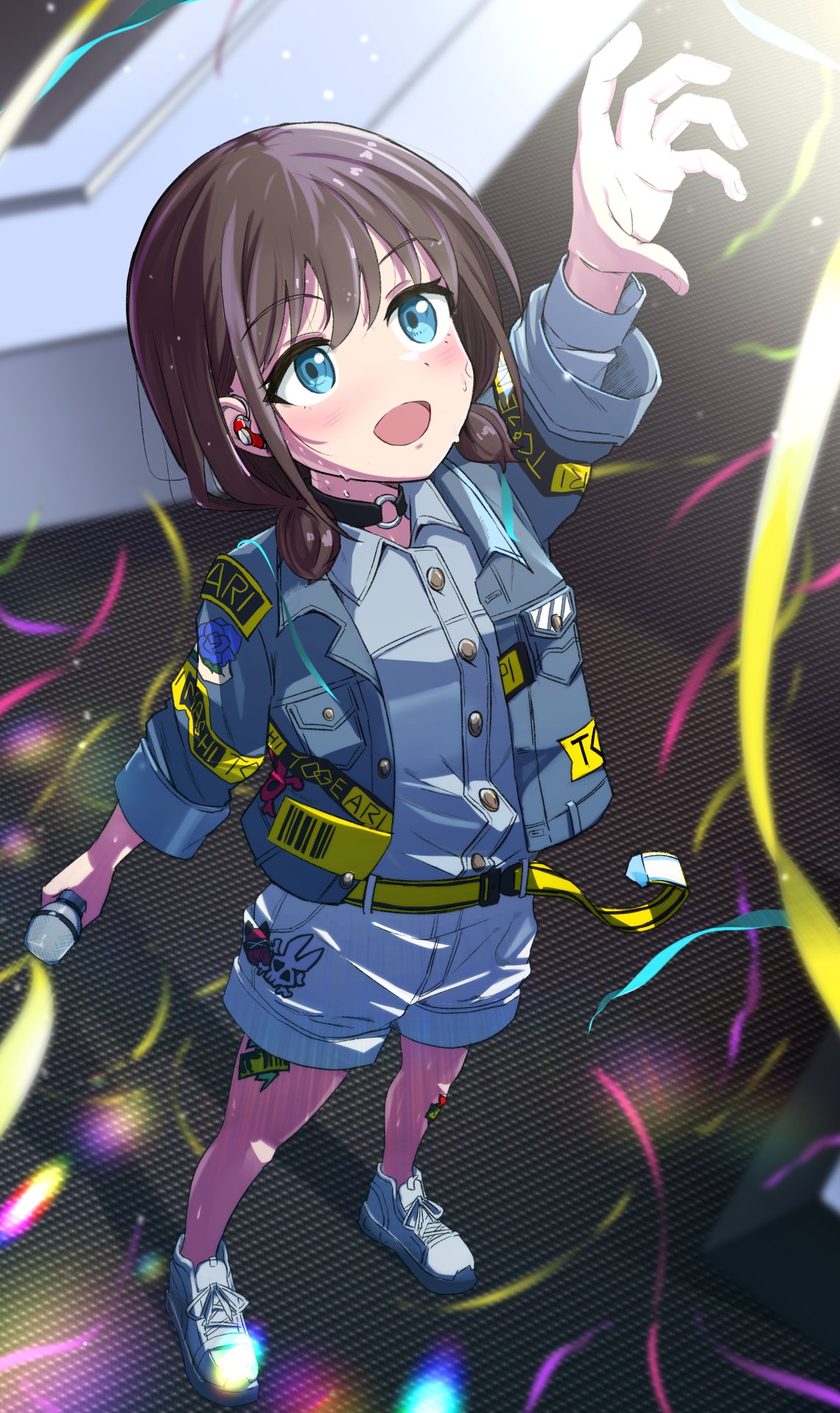 1girl, arm_up, belt, blue_eyes, blue_jacket, blue_shirt, brown_hair, collared_shirt