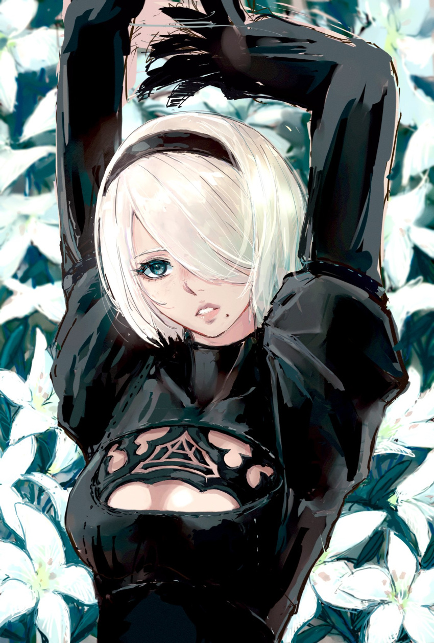1girl, 2b_(nier:automata), arms_up, black_dress, black_hairband, cleavage_cutout, clothing_cutout, dress