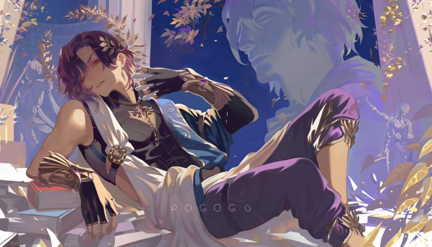 1boy, asymmetrical_clothes, black_gloves, black_shirt, blue_sky, book, book_stack, bracer