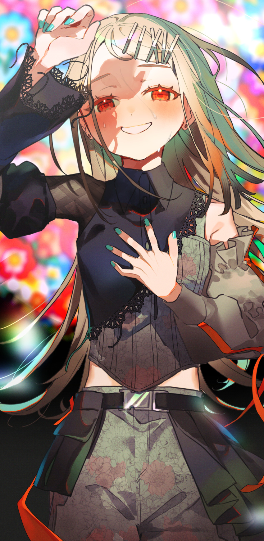 1girl, absurdres, arm_up, asymmetrical_clothes, blush, colored_eyelashes, commentary_request, contrast_(idolmaster)