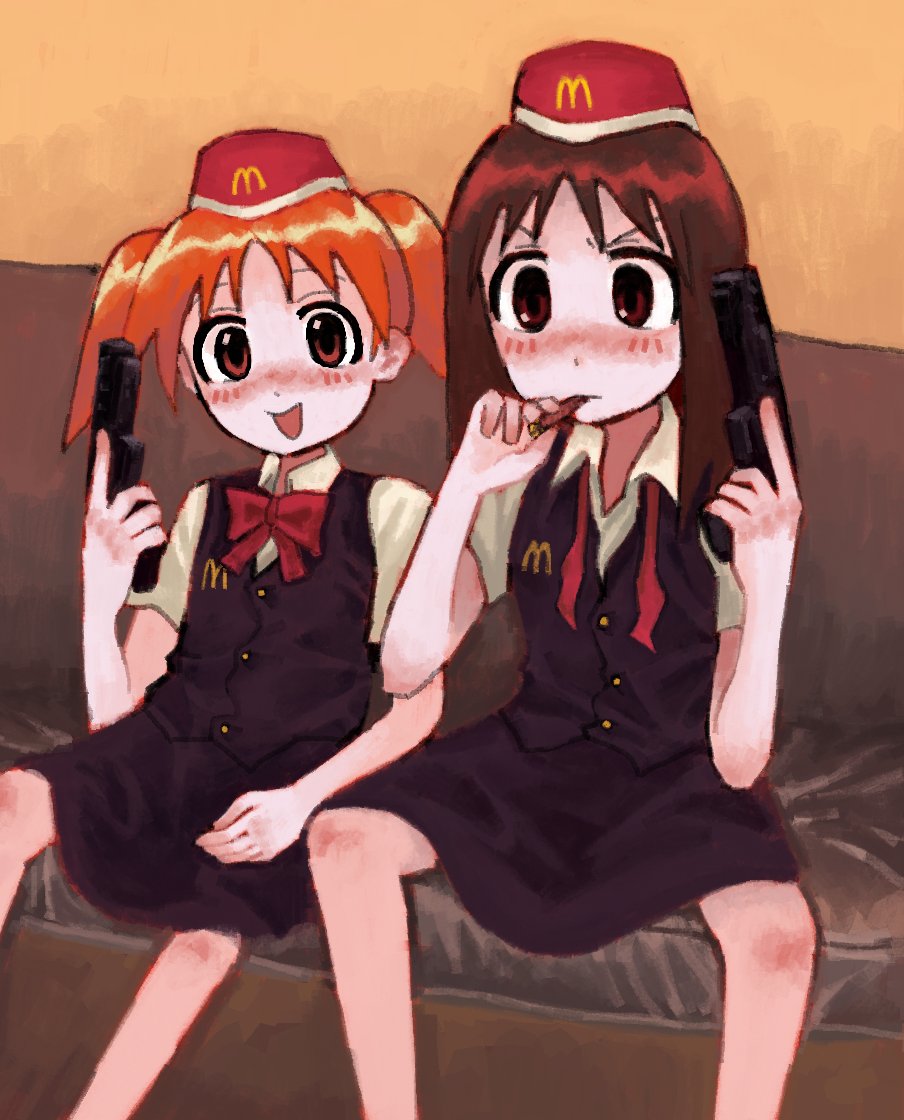 2girls, azumanga_daioh, bowtie, brown_eyes, brown_hair, couch, duo, female, gun, happy, holding, holding_cigarette, holding_gun, kasuga_ayumu, looking_at_viewer, mcdonald's, medium_hair, mihama_chiyo, orange_hair, sitting, smile, smoking, sunny_waifu, weapon