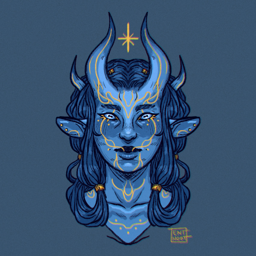 1girl, beads, blue_background, blue_eyes, blue_hair, blue_horns, blue_skin, blue_theme