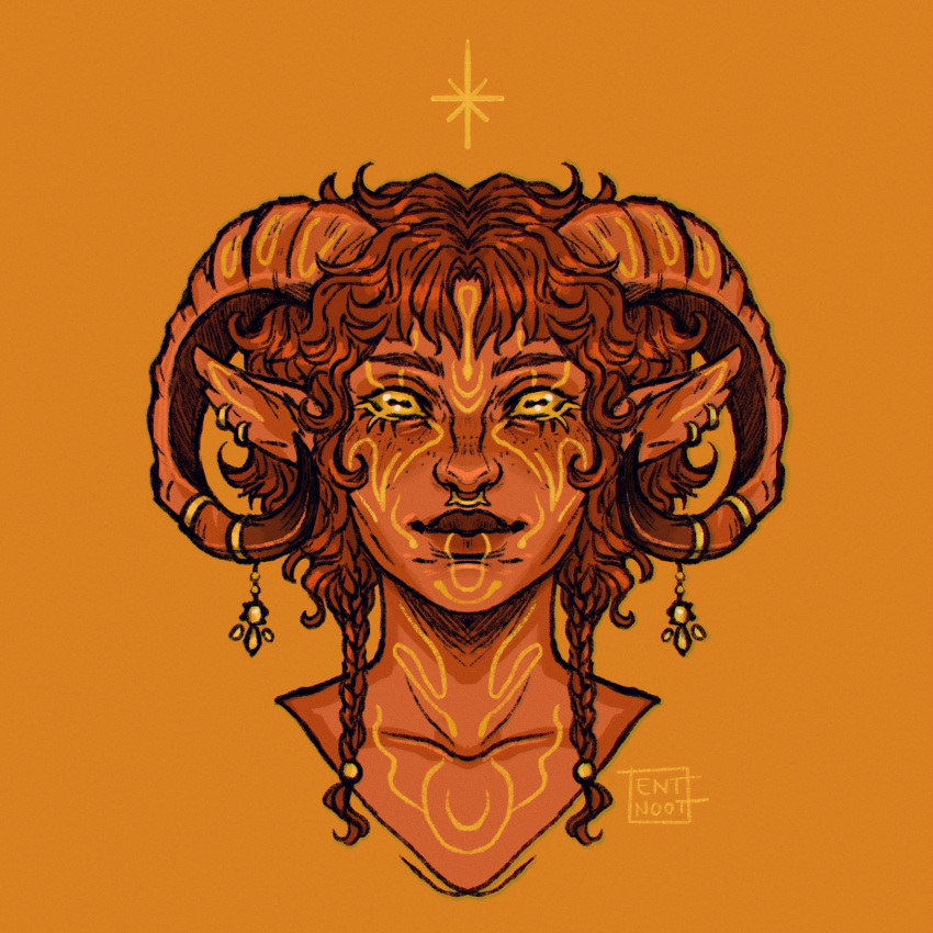 1girl, braid, closed_mouth, collarbone, colored_sclera, colored_skin, cropped_head, earrings