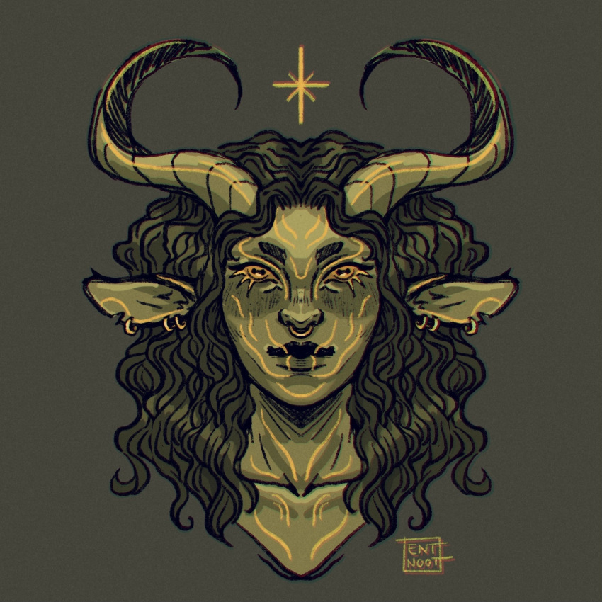 1girl, closed_mouth, collarbone, colored_sclera, colored_skin, cropped_head, demon_horns, ear_piercing