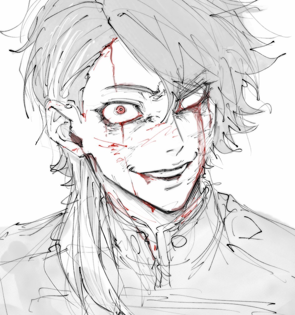 1boy, bleeding, bleeding_from_forehead, blood, blood_from_eyes, blood_on_face, character_request, copyright_request