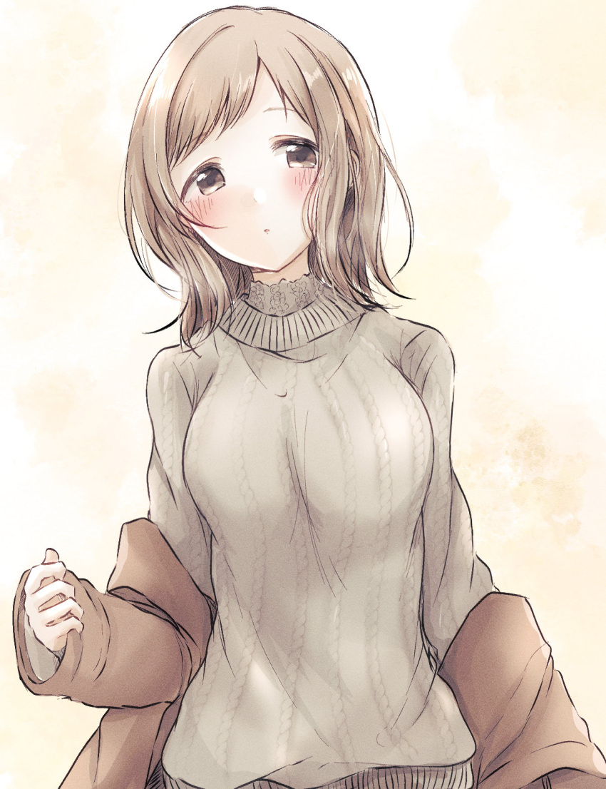 1girl, baran._(ba_ra_ran), blush, breasts, brown_eyes, brown_jacket, commentary, grey_sweater