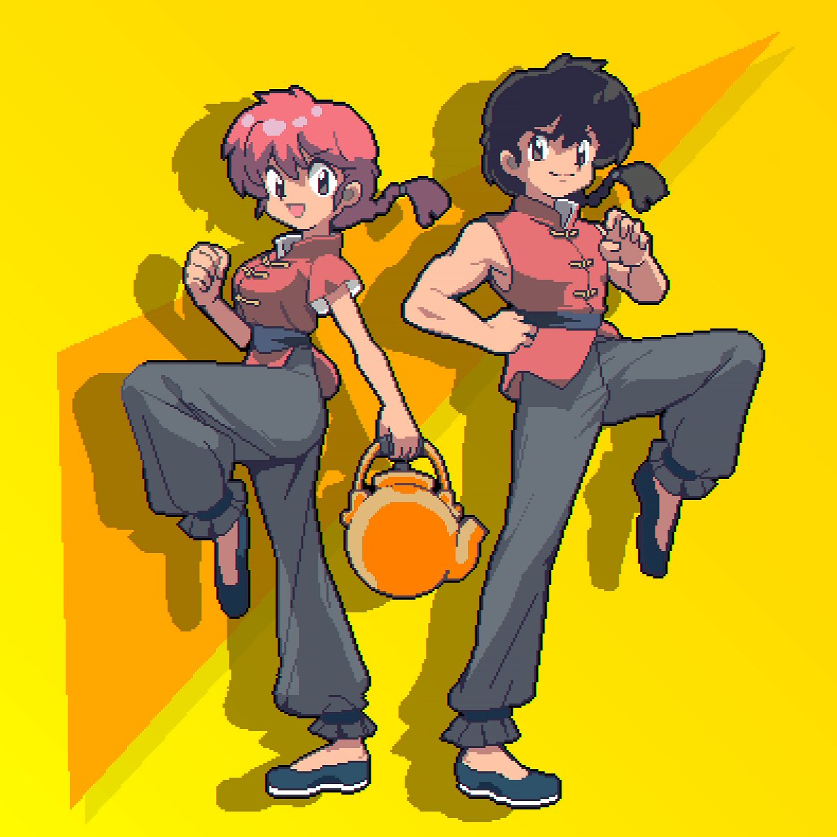 1boy, 1girl, belt, black_belt, black_eyes, black_footwear, black_hair, black_pants