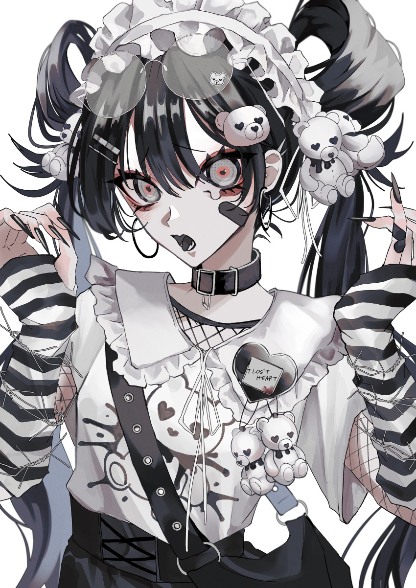1girl, absurdres, bag, belt_collar, black_bag, black_hair, black_nails, collar, english_text, fingernails, hair_between_eyes, heart, heart-shaped_pupils, highres, long_fingernails, long_hair, looking_at_viewer, maid_headdress, nail_polish, open_mouth, original, print_shirt, satoinu111, sharp_fingernails, shirt, short_sleeves, shoulder_bag, simple_background, solo, stuffed_animal, stuffed_toy, symbol-shaped_pupils, teddy_bear, upper_body, white_background, white_shirt
