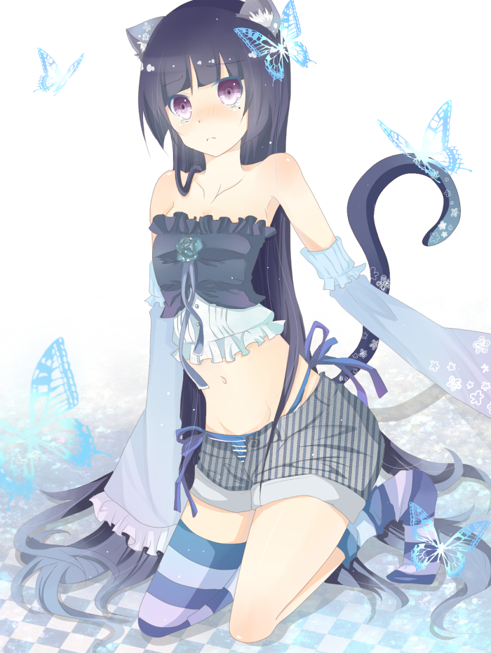 asymmetrical_clothes, asymmetrical_clothing, bad_id, bare_shoulders, black_hair, butterfly, cat_ears, detached_sleeves