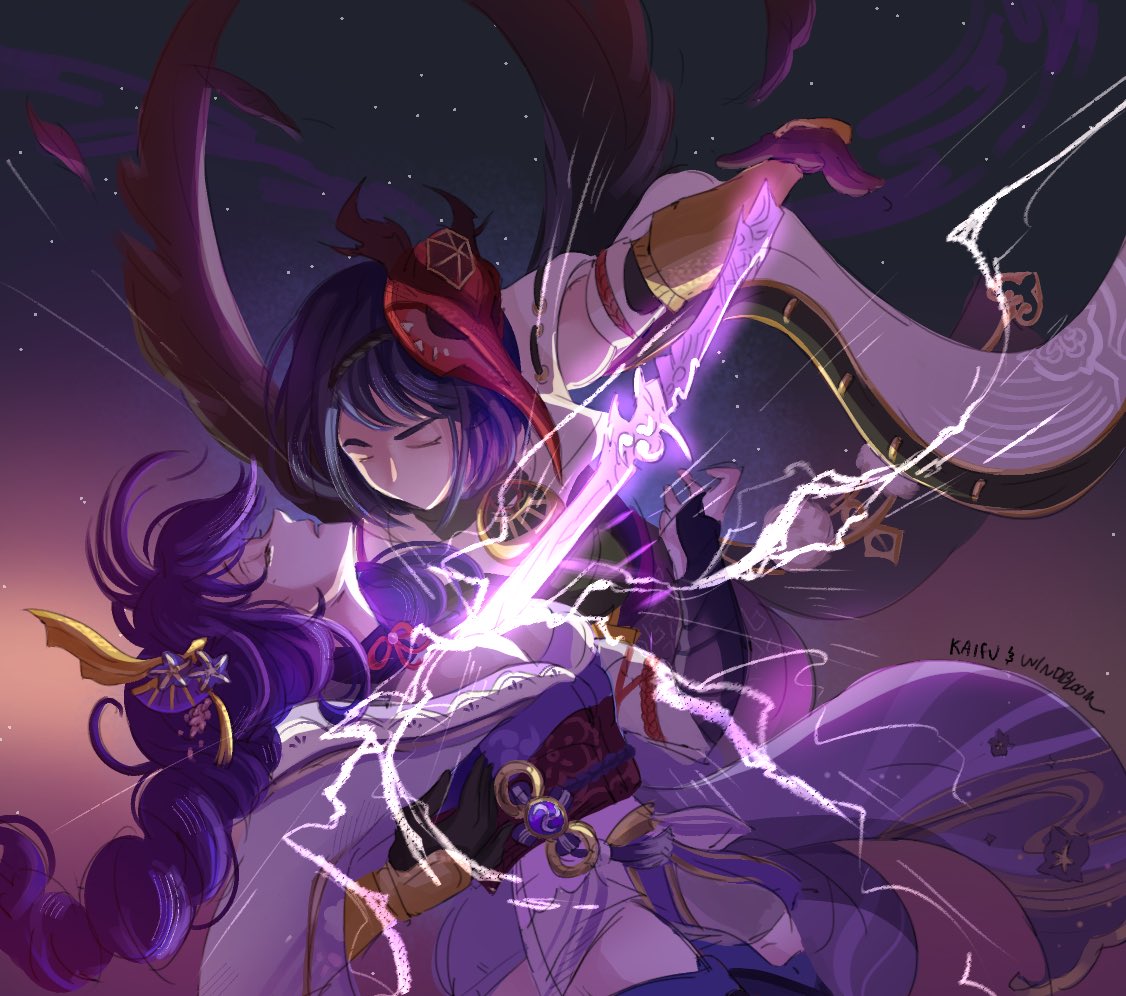 2girls, bird_mask, bird_wings, black_gloves, black_wings, braid, closed_eyes, collaboration