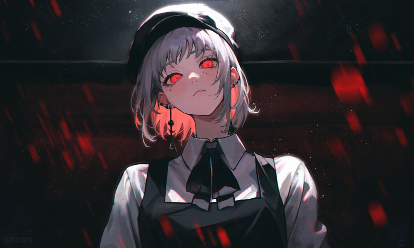 1girl, absurdres, black_dress, black_hat, black_ribbon, chainsaw_man, closed_mouth, collared_shirt