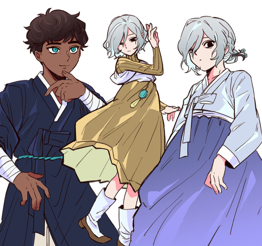 2boys, alternate_costume, alternate_hairstyle, bags_under_eyes, black_eyes, black_hair, blue_eyes, blue_hanbok, cowboy_shot, crossdressing, curly_hair, dark-skinned_male, dark_skin, dungeon_meshi, elf, feet_out_of_frame, grey_hair, hair_between_eyes, hair_ornament, hair_over_one_eye, hanbok, highres, kabru, korean_clothes, lazy_eye, male_focus, mithrun, multiple_boys, multiple_views, notched_ear, pointy_ears, purple_hanbok, short_hair, simple_background, smile, uneven_eyes, updo, wavy_hair, white_background, yellow_hanbok, zo_na
