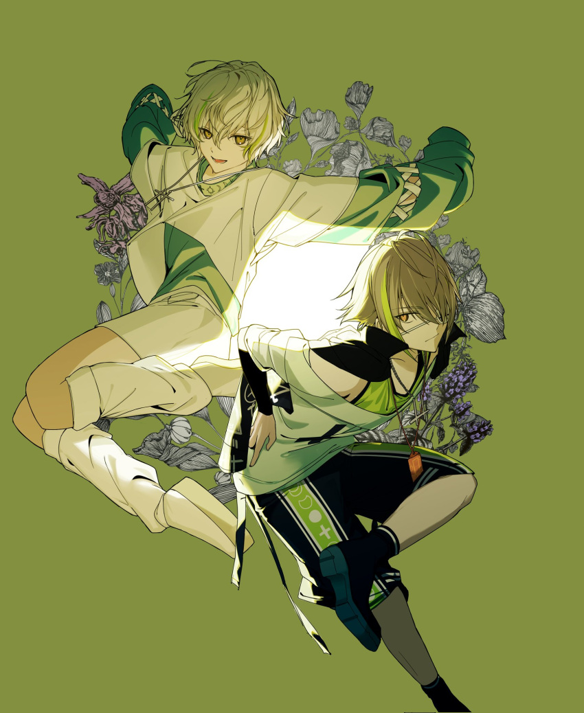 18trip, 2boys, ahzxrylmqaifyzq, black_footwear, black_jacket, black_shorts, blonde_hair, boots
