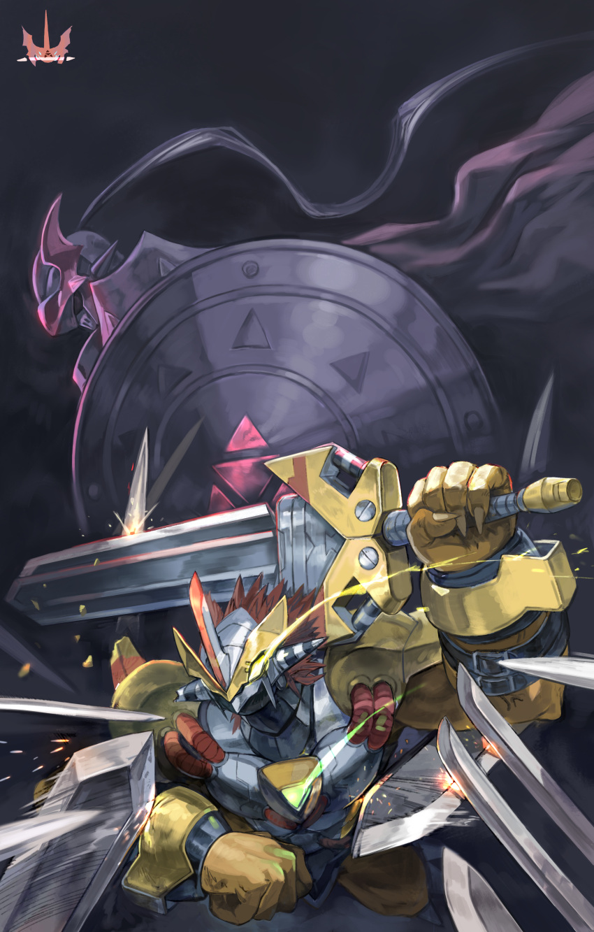 absurdres, arm_belt, armor, blocking, breastplate, broken_armor, cape, chaosdukemon