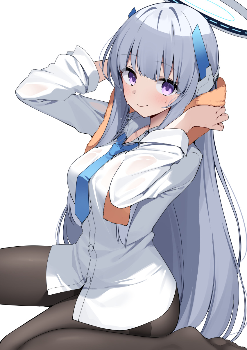 1girl, absurdres, black_pantyhose, blue_archive, blue_necktie, blush, breasts, closed_mouth