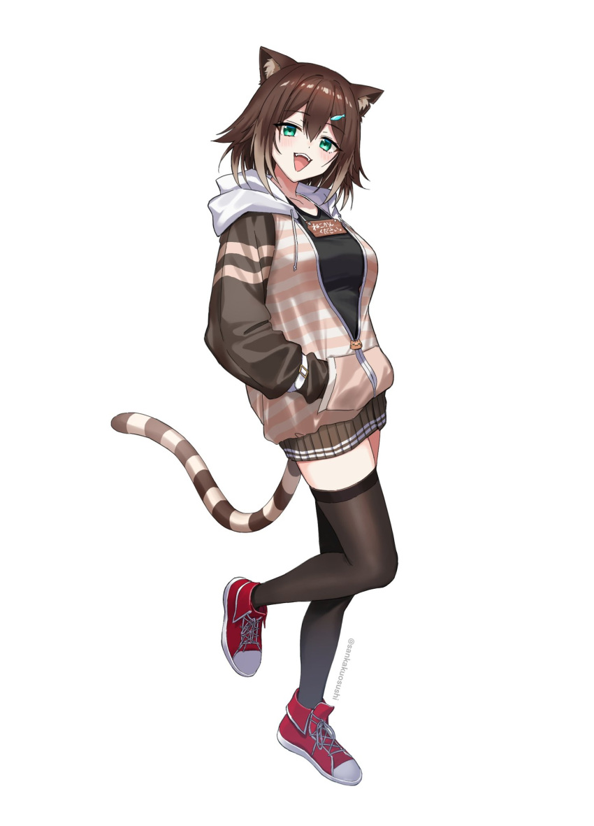 1girl, :d, animal_ears, black_shirt, black_thighhighs, breasts, brown_hair, brown_skirt