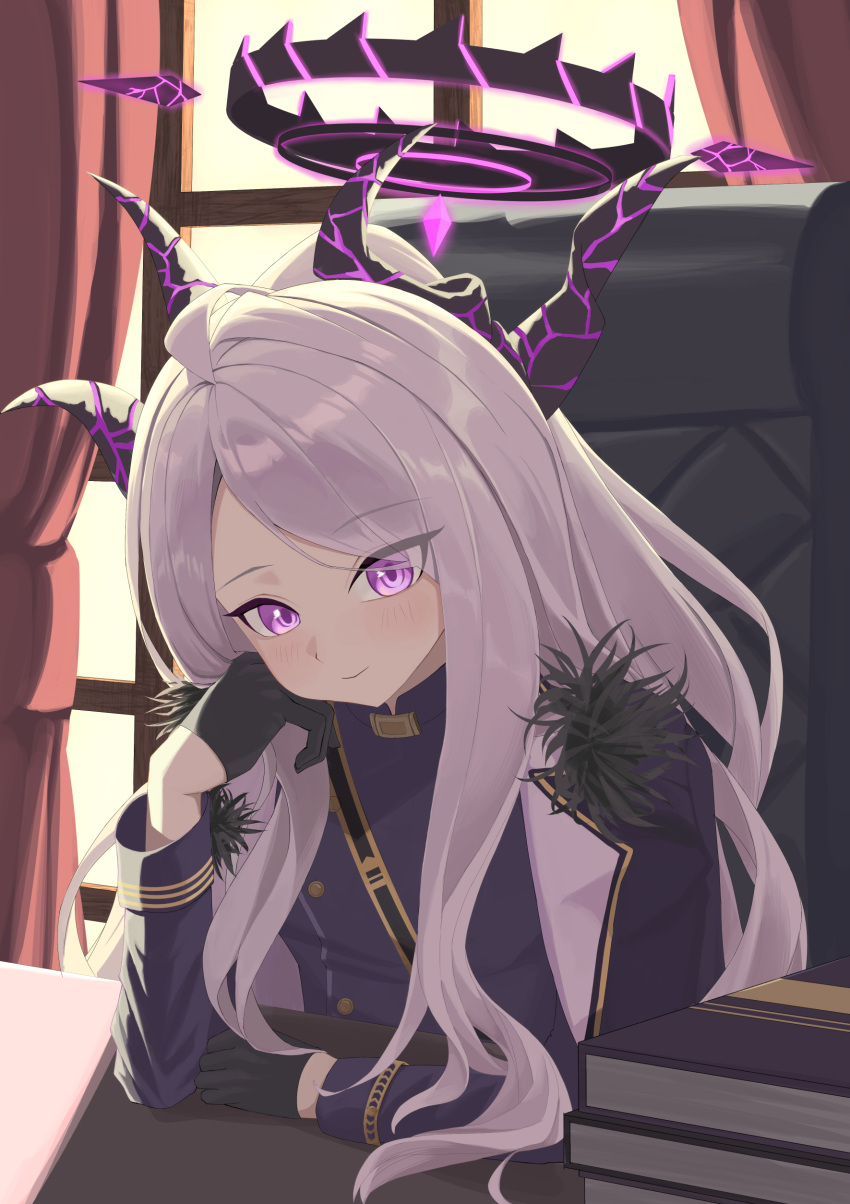 1girl, absurdres, ahoge, arm_support, azashiro_kp, backlighting, belt, black_coat, black_gloves, blue_archive, chair, coat, coat_on_shoulders, commentary_request, curtains, demon_girl, demon_horns, demon_wings, desk, forehead, fur-trimmed_coat, fur_trim, gloves, hair_ornament, hair_ribbon, hairclip, half_updo, halo, head_rest, head_tilt, highres, hina_(blue_archive), horns, indoors, long_hair, long_sleeves, looking_at_viewer, military_uniform, office, office_chair, open_clothes, open_coat, parted_bangs, ribbon, sam_browne_belt, sidelocks, smile, solo, sunlight, swivel_chair, uniform, upper_body, violet_eyes, wavy_hair, white_hair, window, wings