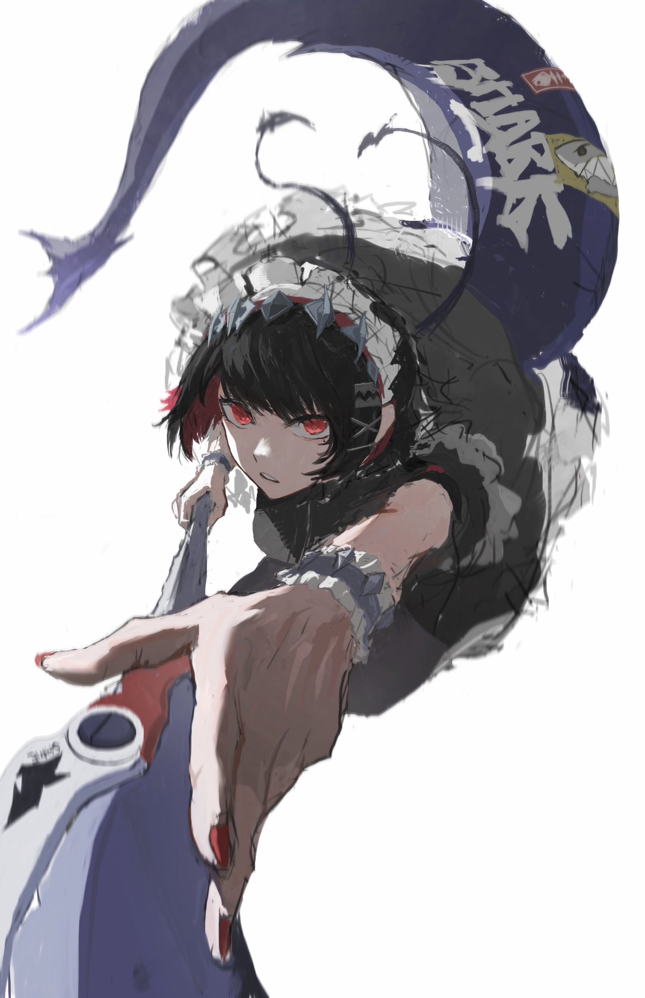 1girl, armald0, black_hair, colored_inner_hair, ellen_joe, fingernails, fins, fish_tail