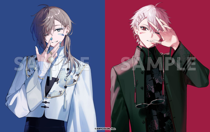 2boys, black_jacket, black_robe, black_shirt, blue_background, blue_eyes, blue_eyeshadow, blue_nails