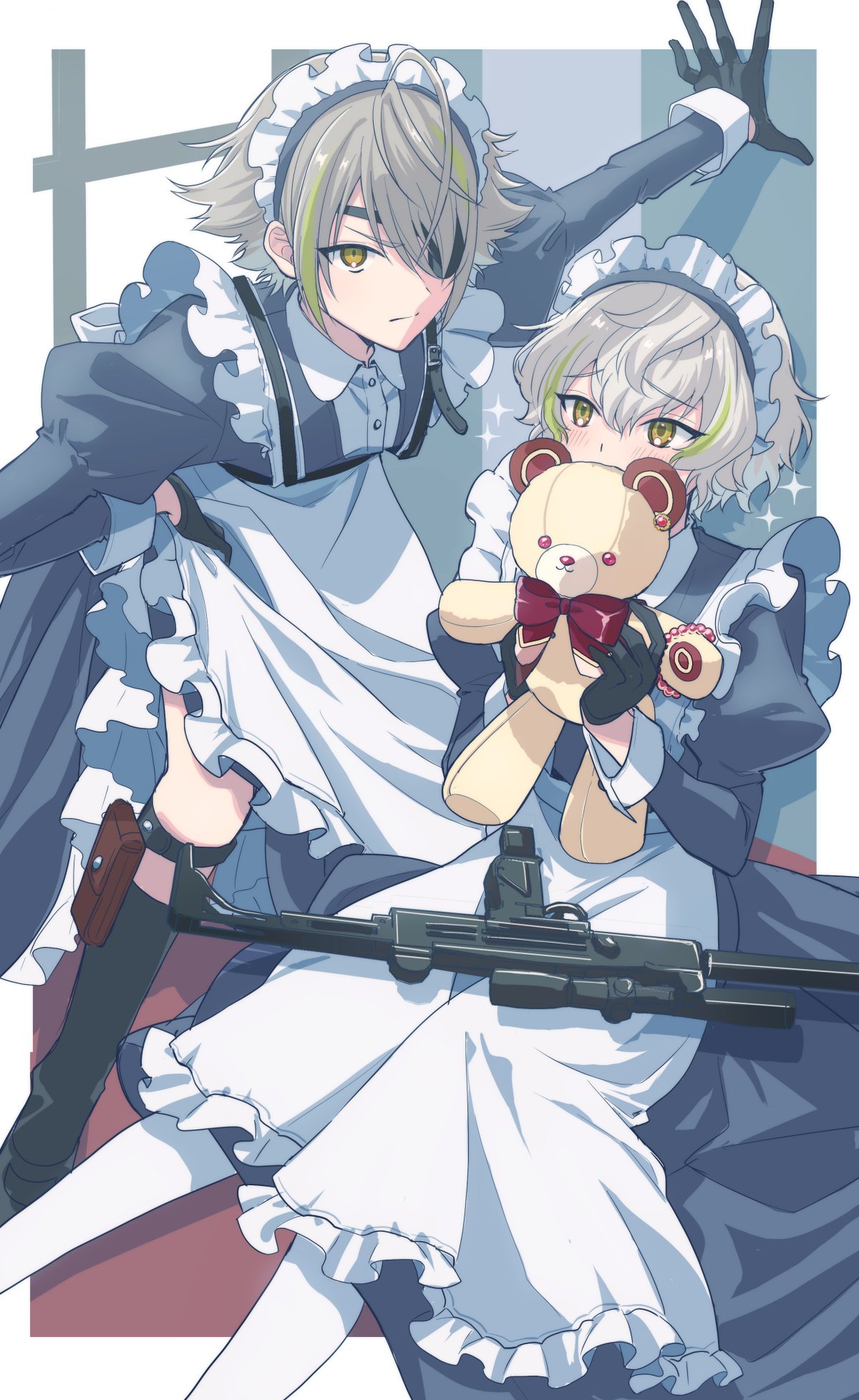 18trip, 2boys, 36ss_tr, apron, assault_rifle, black_gloves, black_leggings, blush, border, brothers, chest_strap, closed_mouth, crossdressing, dress, eyepatch, frilled_dress, frills, gloves, grey_hair, gun, hair_between_eyes, highres, holding, holding_stuffed_toy, holster, imi_uzi, kalashnikov_rifle, leggings, looking_at_another, maid, maid_apron, maid_headdress, male_focus, multicolored_hair, multiple_boys, one_eye_covered, outstretched_arms, rifle, shiramitsu_ryui, shiramitsu_toi, siblings, sitting, sparkle, streaked_hair, stuffed_animal, stuffed_toy, teddy_bear, twins, weapon, white_border, white_hair, white_leggings, white_wrist_cuffs, wrist_cuffs, yellow_eyes