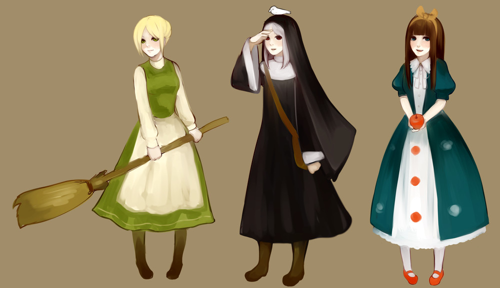 apple, apron, bad_id, bag, bird, blonde_hair, blue_eyes, broom