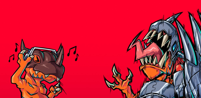 >_<, blue_eyes, claw_(weapon), closed_eyes, colored_skin, commentary_request, cyborg, digimon