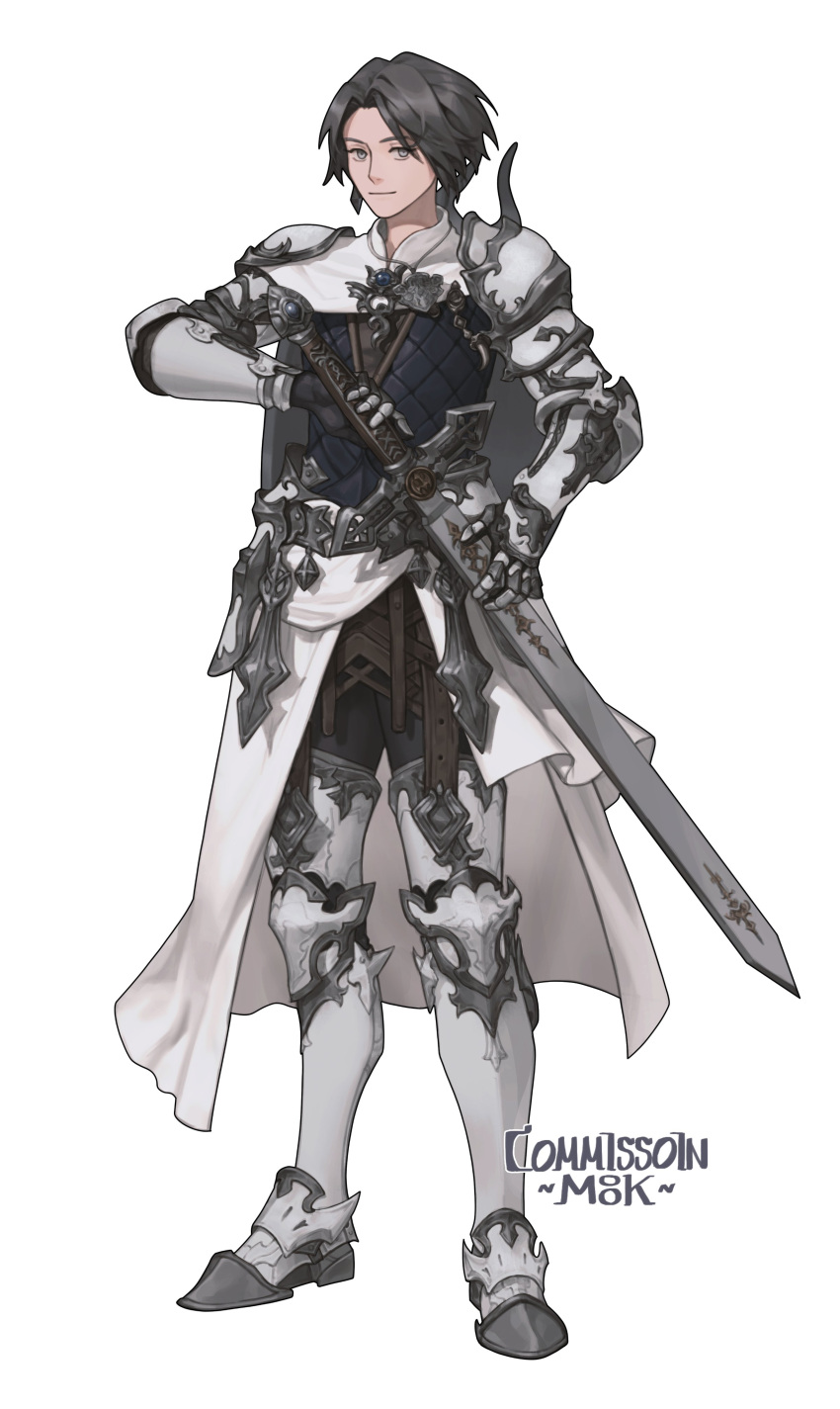 1girl, absurdres, androgynous, armor, black_hair, cape, commission, fighting_stance, final_fantasy, final_fantasy_xiv, full_body, gauntlets, greaves, grey_eyes, highres, holding, holding_sword, holding_weapon, looking_at_viewer, m88km88k, paladin_(final_fantasy), pauldrons, ready_to_draw, reverse_trap, shoulder_armor, simple_background, smile, solo, standing, sword, weapon, white_background, white_cape, zero_(ff14)