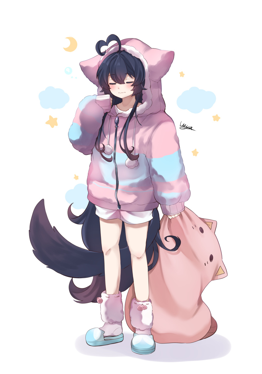 0kami_89zo, 1girl, absurdres, animal-shaped_pillow, animal_ear_hood, animal_ears, black_hair, blue_pajamas, closed_eyes, dog_girl, dog_tail, fake_animal_ears, fluffy_clothes, highres, hood, hood_up, hooded_pajamas, long_hair, long_sleeves, original, pajamas, pink_pajamas, shorts, sleepy, sleeves_past_wrists, slippers, standing, striped_clothes, striped_pajamas, tail, very_long_hair
