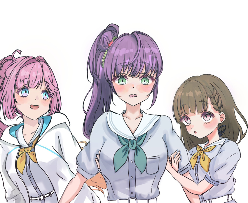 3girls, :d, :o, ahoge, anyoji_hime, aqua_neckerchief, arm_grab, arm_hug
