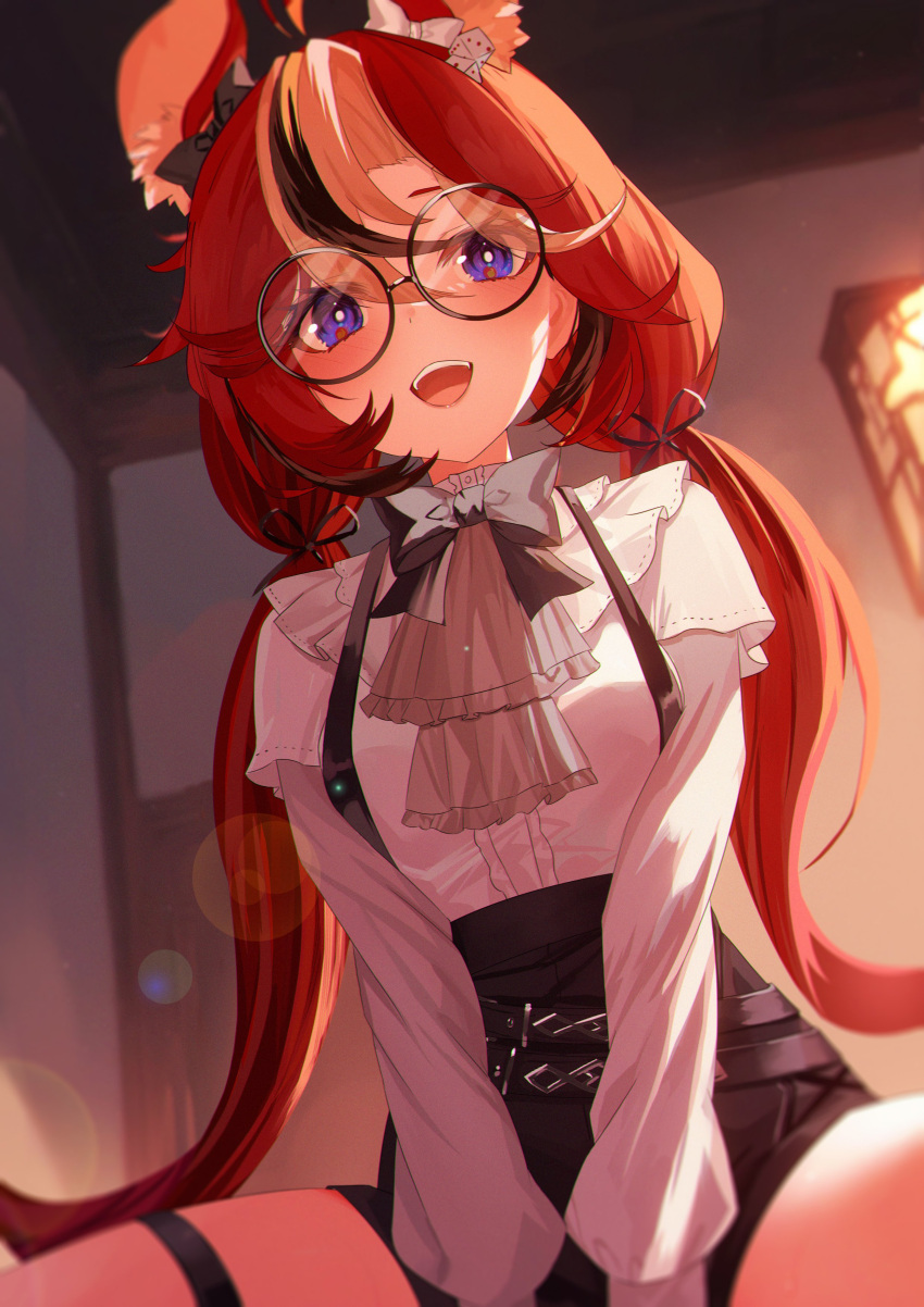 1girl, :d, absurdres, animal_ear_fluff, animal_ears, ascot, belt, between_legs