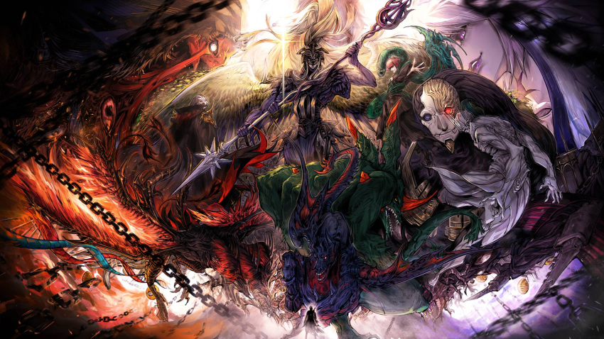 2boys, 2girls, alternate_form, artist_request, athena_(ff14), bird_wings, black_sclera, chain, colored_sclera, colored_skin, dna, extra_arms, facing_viewer, feathered_wings, final_fantasy, final_fantasy_xiv, group_picture, hegemone_(ff14), helmet, hephaistos_(ff14), hesperos, heterochromia, highres, hippokampos_(ff14), holding, holding_polearm, holding_weapon, lahabrea, monster, multiple_boys, multiple_girls, open_mouth, pandaemonium_(ff14), phoinix_(ff14), polearm, proto-carbuncle, purple_skin, second-party_source, sharp_teeth, silhouette, teeth, themis_(ff14), warrior_of_light_(ff14), weapon, wings