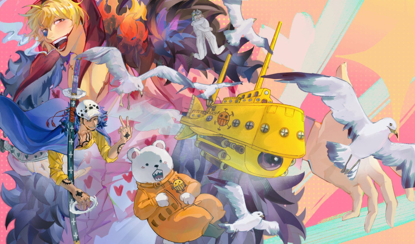 5boys, arm_tattoo, bear, bepo, bird, black_coat, black_hair, blonde_hair