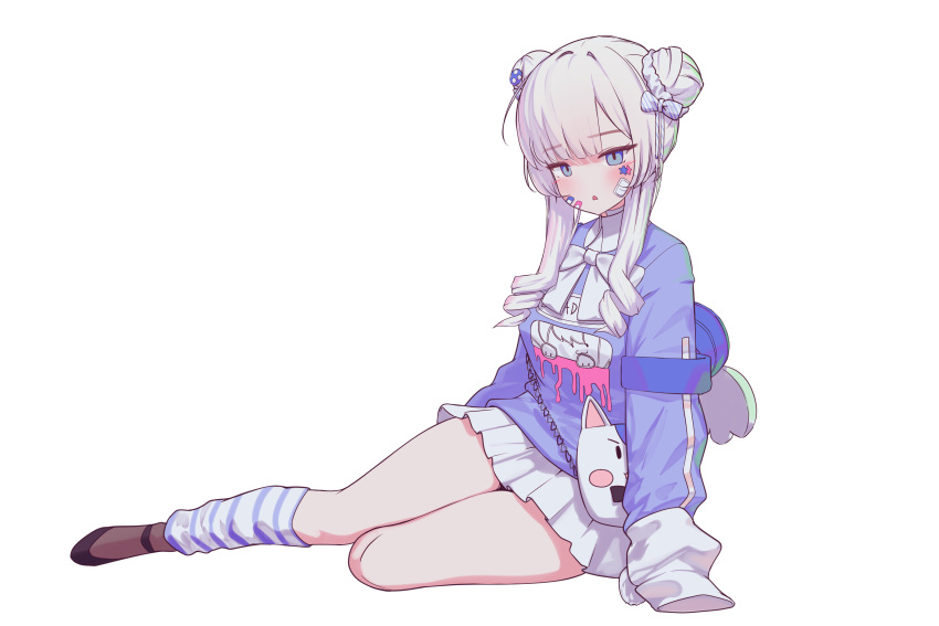 1girl, absurdres, arm_support, blue_eyes, breasts, choker, double_bun, gosegu