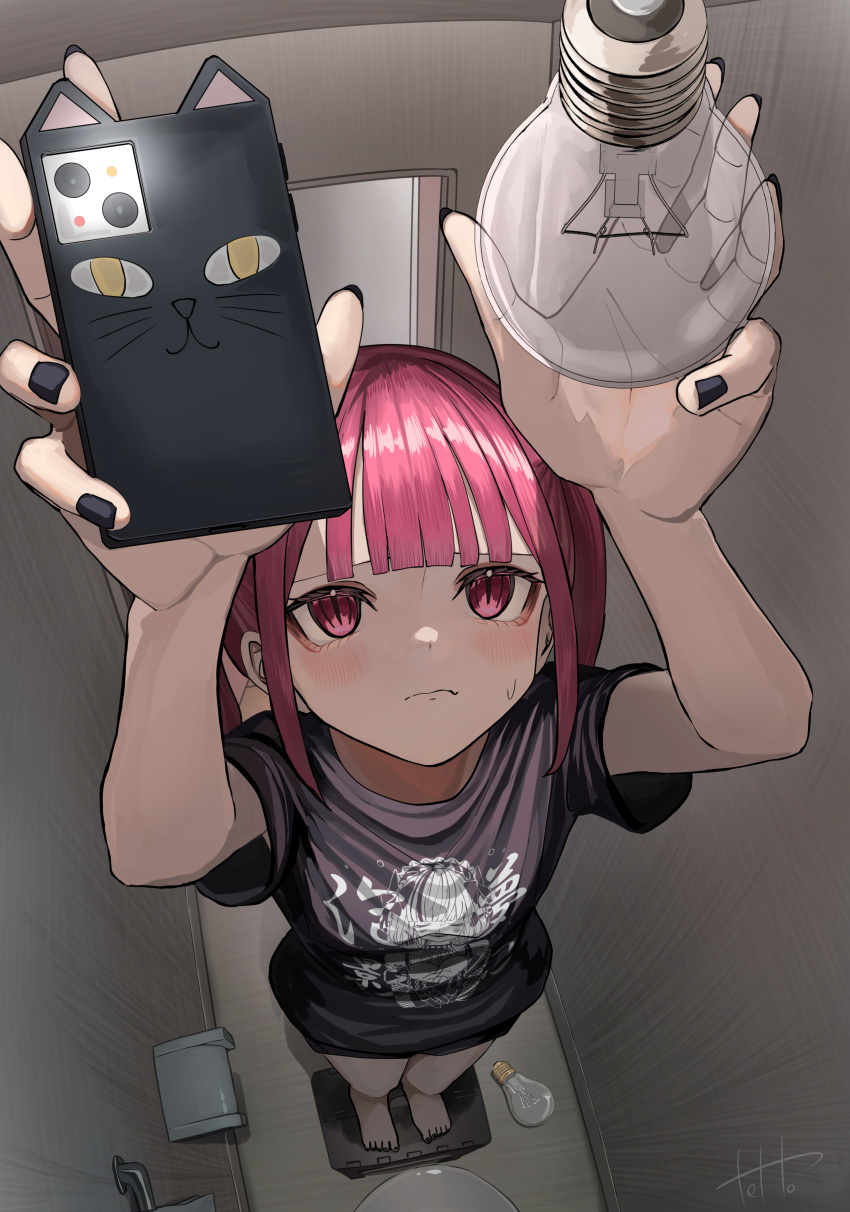 1girl, absurdres, barefoot, black_nails, black_shirt, blush, cat_ear_smartphone_case, cellphone