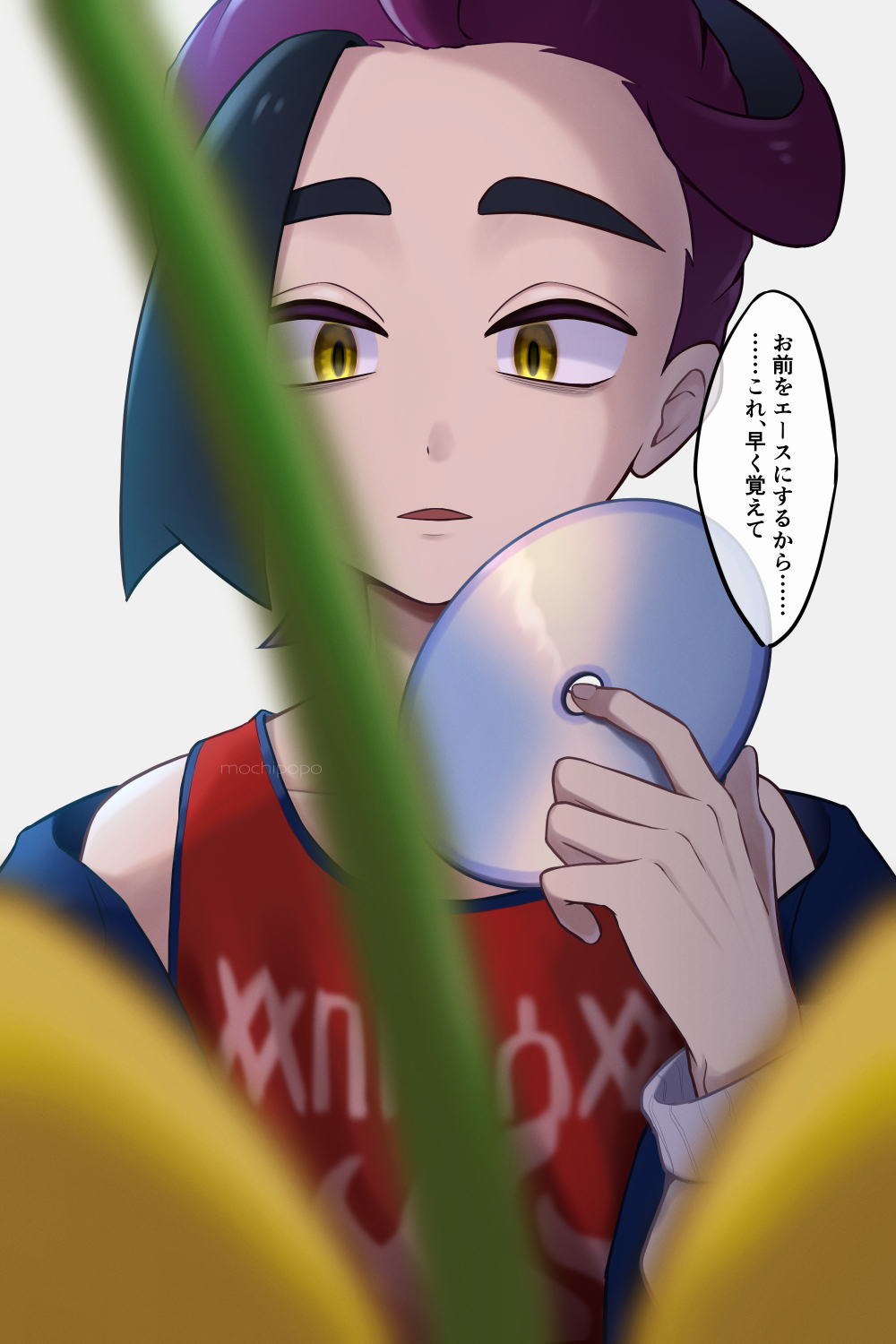 1boy, black_hair, blurry, blurry_foreground, cd, collarbone, commentary_request, dipplin