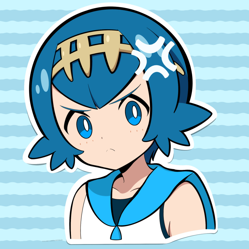 1girl, ami_art, anger_vein, angry, blue_eyes, blue_hair, blue_sailor_collar, bright_pupils, closed_mouth, commentary, frown, hairband, highres, lana_(pokemon), light_blush, looking_at_viewer, no_sclera, outline, pokemon, pokemon_sm, sailor_collar, shirt, sleeveless, sleeveless_shirt, solo, split_mouth, striped_background, upper_body, white_pupils, white_shirt, yellow_hairband