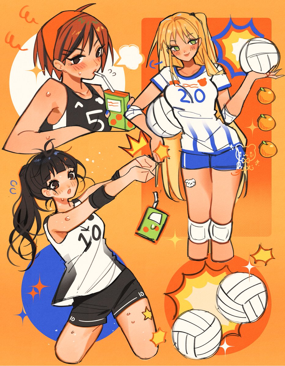 3girls, ball, black_hair, blonde_hair, food, fruit, highres, holding_juice_box